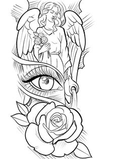 an angel and rose tattoo design with the eye in it's center, surrounded by roses