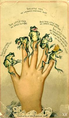 a hand with five frogs sitting on it's fingers and the words, this little frog