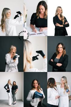 a collage of photos showing women in black and white outfits, with one woman holding a camera