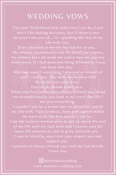 wedding vows written in white on a pink background