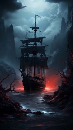 a pirate ship sailing through the ocean at night with red light coming from its sails