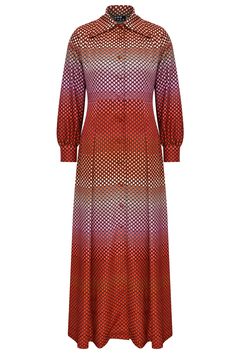 Step into the spotlight with a boldly 70s inspired twist ! Make a statement in the Ellerie Maxi Dress, inspired by 70s Japanese fashion. Its striking red, pink, light beige and black geometric panel print and retro dagger collar blend vintage charm with modern edge. Stand out in style - because ordinary isn’t your vibe! 30% Viscose  70% Recycled Polyester   Delicate Hand Wash Specialist Dry Clean 70s Japanese Fashion, Xxxl Dress, 70 Fashion, Purple Maxi Dress, Purple Maxi, Slow Fashion Brands, Top Skin Care Products, Fantasy Closet, Dresses Xxl