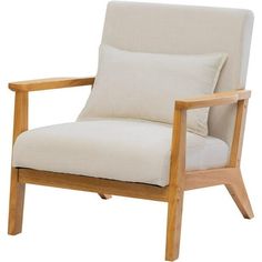 a wooden chair with a white cushion on the back and armrests is shown