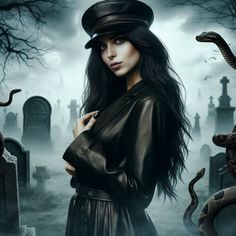 a woman in a black dress and hat with snakes around her