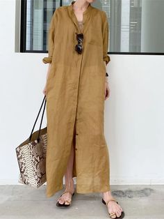 Women's Shirt Dress Cotton Linen Dress Casual Dress Maxi long Dress Cotton And Linen Basic Casual Outdoor Daily V Neck Button Long Sleeve Fall Spring Autumn 2023 Loose Fit Yellow Pure Color M 2023 - Kč 699 Loose Shirt Dress, Long Linen Dress, Long Dress Design, Dress Stand, Linen Shirt Dress, Shirt Dress Casual, Dress Shirts For Women, Women Long Dresses