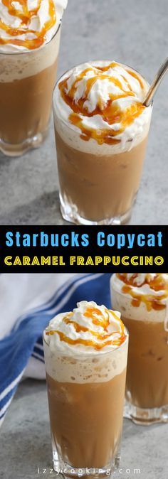 two glasses filled with caramel frappuccino drink and topped with whipped cream