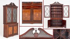 an old fashioned wooden cabinet with glass doors