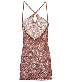 Sequin-embellished crochet minidress Sequin Mini Dress For Beach Parties, Sequined Mini Dress For Beach Party Season, Fitted Crochet Dress With Spaghetti Straps For Party, Summer Embellished Backless Sequin Dress, Summer Backless Embellished Sequin Dress, Backless Sequined Mini Dress For Beach, Embellished Backless Sequin Dress For Summer, Backless Embellished Sequin Dress For Summer, Summer Embellished Sequin Dress With Spaghetti Straps