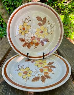 two plates with flowers painted on them sitting on top of a wooden table next to bushes