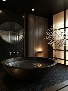 Japandi Stone Tub Bathroom Ideas Earthy Bathroom Decor, Japanese Inspired Bathroom, Bathroom Counter Ideas, Spa Inspired Bathroom Decor, Tub Bathroom Ideas, Bathroom Staging, Asian Bathroom, Bathroom Counter Decor Ideas, Earthy Bathroom