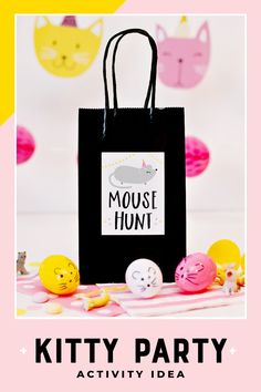 props for a kitty cat birthday party game - easter egg "mice" and mouse hunt activity bags Kitty Cat Birthday Party, Kitty Cat Party, Cat Invitations, Mouse Hunt