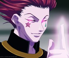 an anime character with red hair pointing to the side and looking at something in his hand