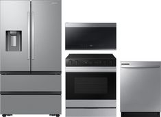 a silver refrigerator freezer sitting next to a stove top oven and an oven door