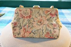 "I am offering you this vintage incredible hand crafted tapestry purse that is very similar to the Georgian style. It is 9\" wide, at its widest, and 5.5 \" tall, not counting the double handle, which would make it over 11 1/2\" long, and the depth is app 3\". There are endless amounts of etching and scrollwork.... Simply beautiful !! It features a large domed rectangle shaped yellow gold tone secure snap closure. The inside material is in excellent condition, and is a cream colored moray satin Vintage Tapestry Bag For Formal Occasions, Antique Tapestry Bags For Everyday, Vintage Double Flap Bags With Gold-tone Hardware, Victorian Style Rectangular Tapestry Bag, Vintage Formal Tapestry Bag, Vintage Tapestry Bag With Double Handles, Formal Vintage Tapestry Bag, Vintage Tapestry Handmade Bags, Vintage Handmade Tapestry Bag