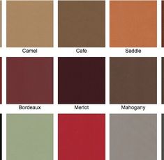 color swatches for different types of leathers and fabrics, with names on them