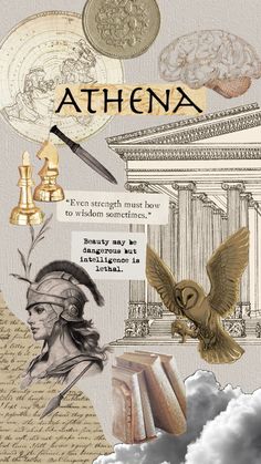 a collage of images with the words athena on them and an eagle