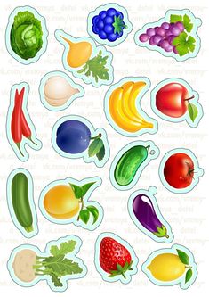 an assortment of fruits and vegetables stickers on a white background with the words,