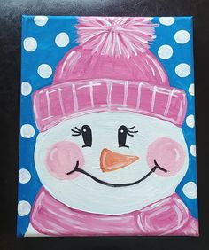 a painting of a snowman with a pink hat and scarf on it's face