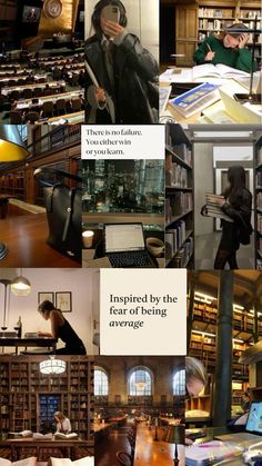 many different pictures of people in a library with bookshelves and tables full of books