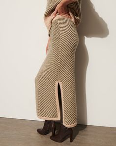 Elastic waistband Length from Highest Point to Hem: 37” Straight silhouette with side slits Jacquard Knit Chevron Knit Pattern Wool Blend Knit Chevron, Alpine Green, Night Tops, Jacquard Knit, Knit Pattern, Tops Fall, Green Skirt, Knit Patterns, Sweater Skirt