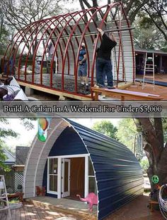 two pictures with the words build a cabin in a weekend for under $ 5, 000