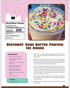 an ice cream dessert with sprinkles on top and the words birthday cake batter protein