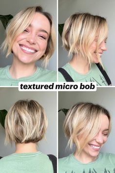 Different angles of view for my textured blond micro bob hairstyle. #shorthairstyles #shorthair #microbob #bobhair Blonde Bob Back View, Blonde Micro Bob, Microbob Hairstyle, Messy French Bob, Bob Haircuts Back View, Textured Bob Short, Jaw Length Bob, Short Hair Braid Styles, Blonde Short Bob