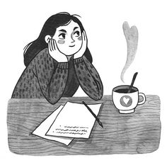 a drawing of a woman sitting at a table with a cup of coffee in front of her