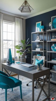 home office ideas for women Navy And White Home Office, Teal And Grey Office, Teal Office Ideas, Navy Blue Office Ideas, Turquoise Home Office, Tiffany Blue Office, Teal Home Office, Blue Office Ideas, Gray Study