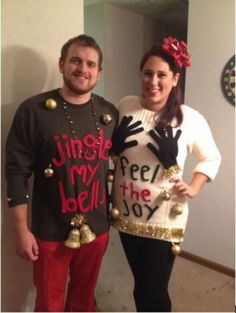 a man and woman dressed up for christmas