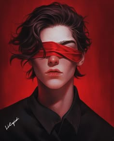 a painting of a man with a blindfold on his face and the image is red