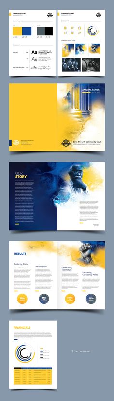 the front and back pages of a brochure with blue, yellow and white colors