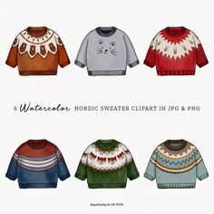 six sweaters in different colors and patterns with the words winter written on them,