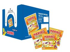 three packs of marbo fruit gums are shown in front of a blue box