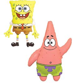 an inflatable spongebob and balloon character are shown on a white background