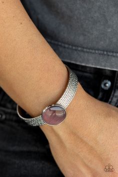 A glassy purple cat's eye stone frame sits atop a layered silver cuff that is etched in shimmery textures, creating a glittery centerpiece. Sold as one individual bracelet. Stone Frame, Magic Purple, Cat Eye Bracelet, Mobile Boutique, Jewelry Watch, Cats Eye Stone, Purple Bracelet, Purple Cat, Paparazzi Accessories