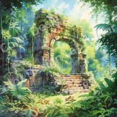 a painting of an old ruin in the jungle