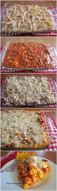 four different types of lasagna casserole in pans on a red and white checkered tablecloth