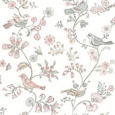 Jinjur Blush Bird Trail Wallpaper from the Flora & Fauna Collection by Brewster Home Fashions Illustrative Wallpaper, Blush Wallpaper, Go Wallpaper, Drops Patterns, Bird Wallpaper, Flora Fauna, Paper Wallpaper, Paper Material, Wallpaper Calculator