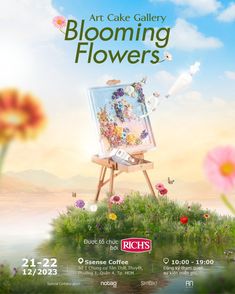 the poster for art cake gallery's upcoming blooming flowers event is out now