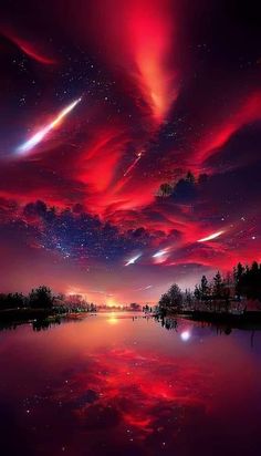 the sky is filled with colorful clouds and stars as they are reflected in the water