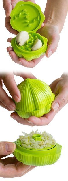 two hands holding an onion slicer and a green bowl with onions in it, while another hand holds the lid