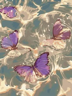 three purple butterflies floating on top of water