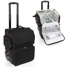 two pieces of luggage with wheels and one has an ice cube in the bottom compartment