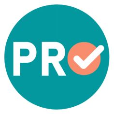 the word pro with a check mark on it's center circle in front of a blue background