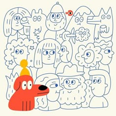 an image of a cartoon dog surrounded by other dogs and cats in blue ink on white paper