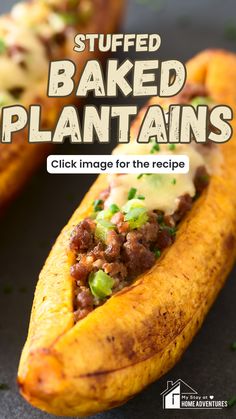 stuffed baked plantains with cheese and ground meat in the middle on a black surface