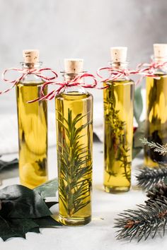 three bottles filled with green liquid next to pine cones