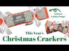 this year's christmas crackers are decorated with white ribbon and green and red designs