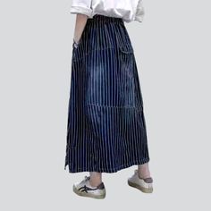 Be the envy of everyone in the 2023 Spring-Summer Collection with this stylish long denim skirt! With its distinctive vertical stripes and high-waisted fit. this skirt is sure to make a statement. Featuring a drawstrings closure. it's the perfect combination of comfort and flair. Whether you're headed to a music festival or a laid-back day out with friends. this skirt will become the crowning jewel of your outfit!Key Highlights: Street Style: This skirt is the perfect blend of contemporary fashi Striped Relaxed Fit Midi Skirt, Relaxed Striped Skirt For Spring, Striped Long Skirt For Spring, Spring Striped Long Skirt, Spring Long Striped Skirt, High Waist Striped Summer Skirt, Striped Summer Skirt, High Waist Striped Skirt For Summer, Summer High Waist Striped Skirt